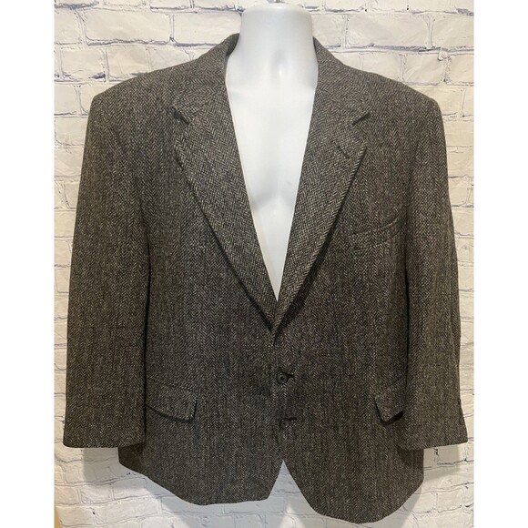 Vintage HARRIS TWEED Gray Blazer Sport Coat Jacket Herringbone Wool Mens 50R - Picture 1 of 10